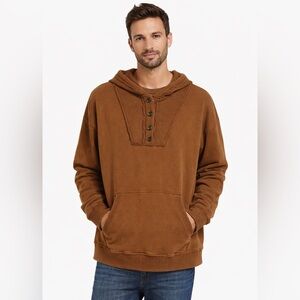 306 Easel Brown Cotton Hooded Pullover Waffle Knit Button Detail Hoodie Large